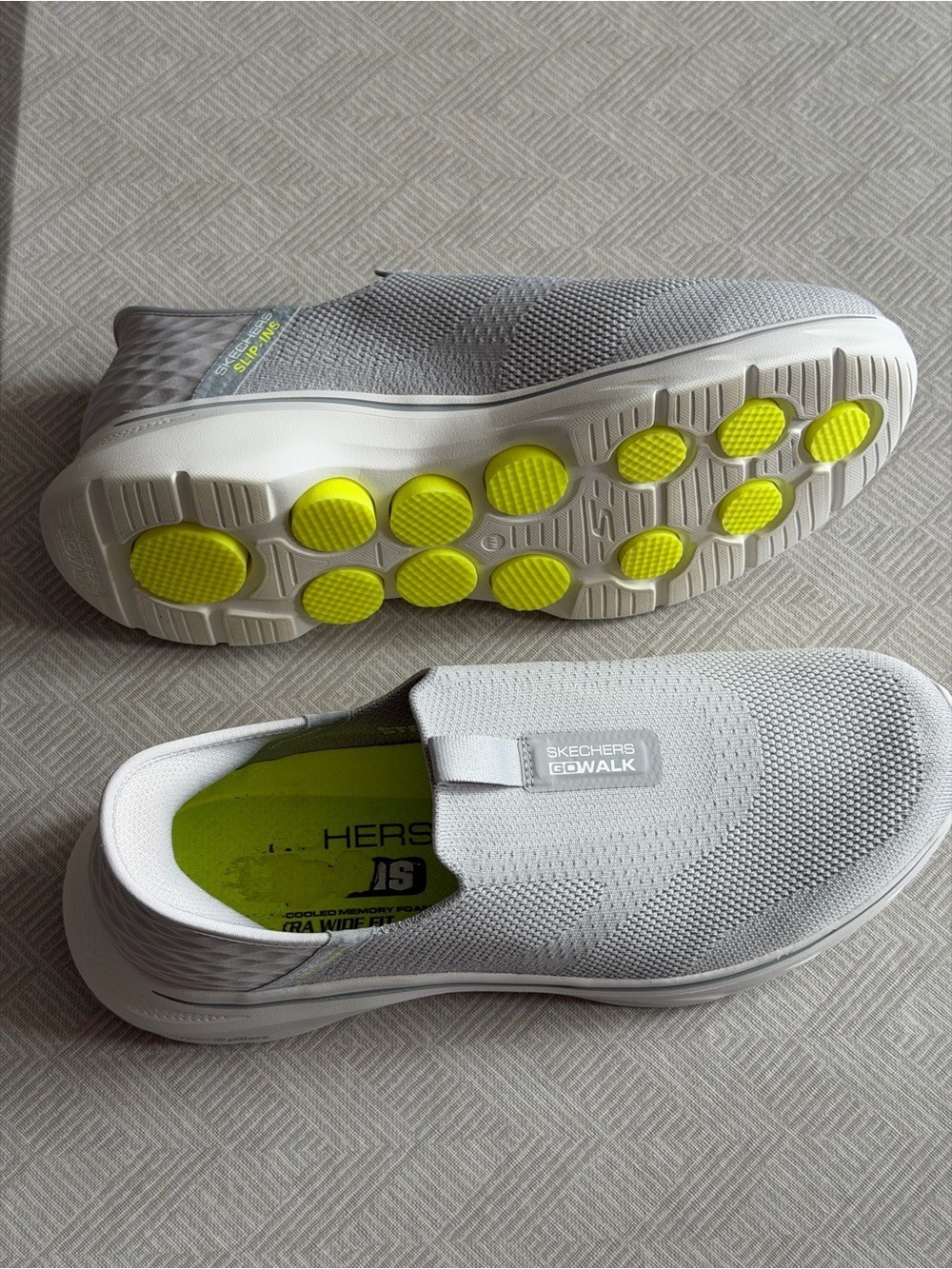 Skechers GOwalk Slip-On Loafers in Light Gray with Neon Yellow